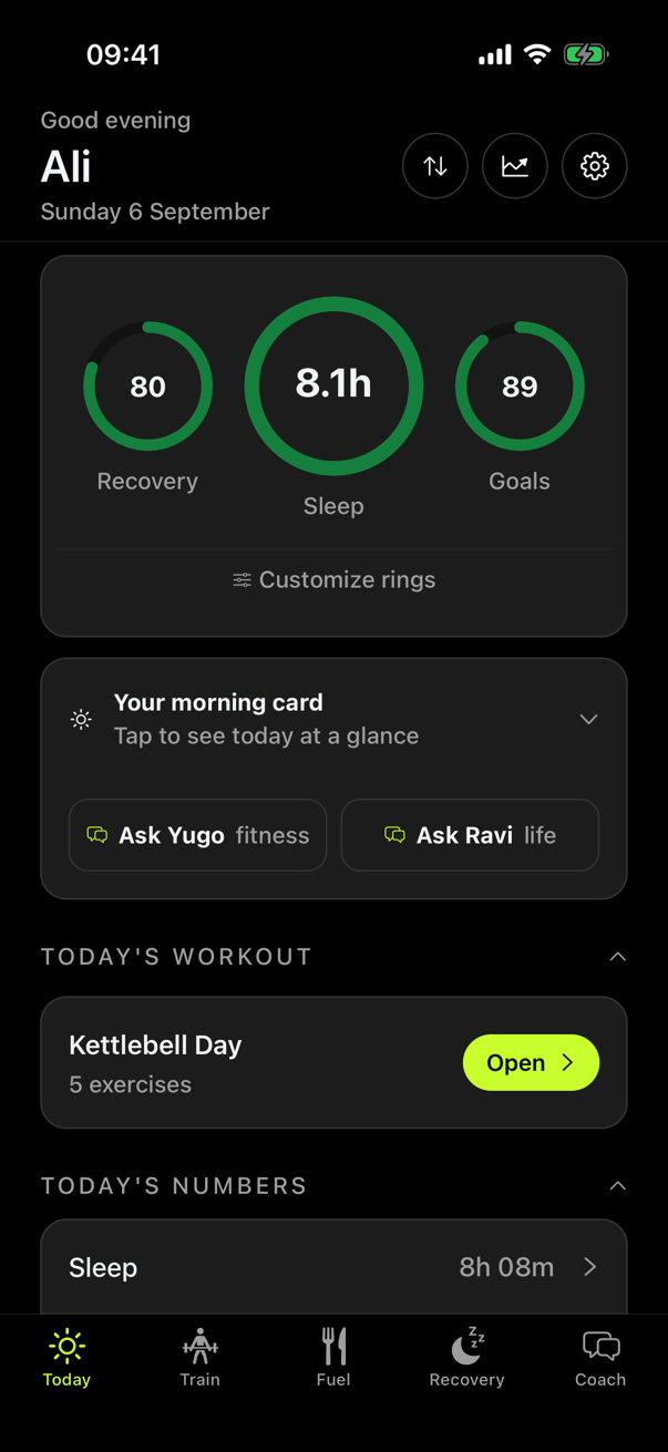 The Your Edge AI Today screen: recovery, sleep and goals rings, the morning card with the fitness and life coaches, today's workout and today's numbers.