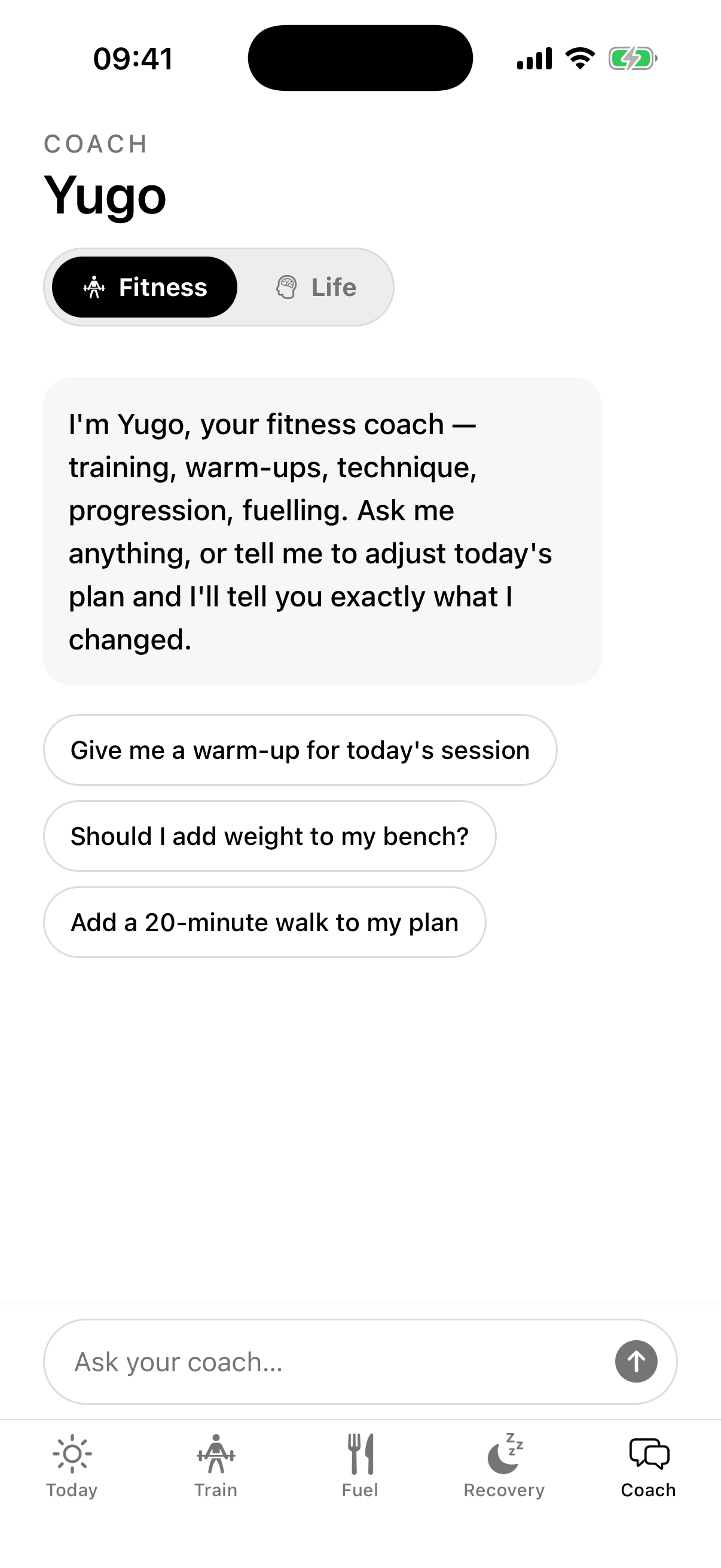 The Coach tab: an AI coach greeting that promises audited plan changes, with suggested prompts and an ask-your-coach input.
