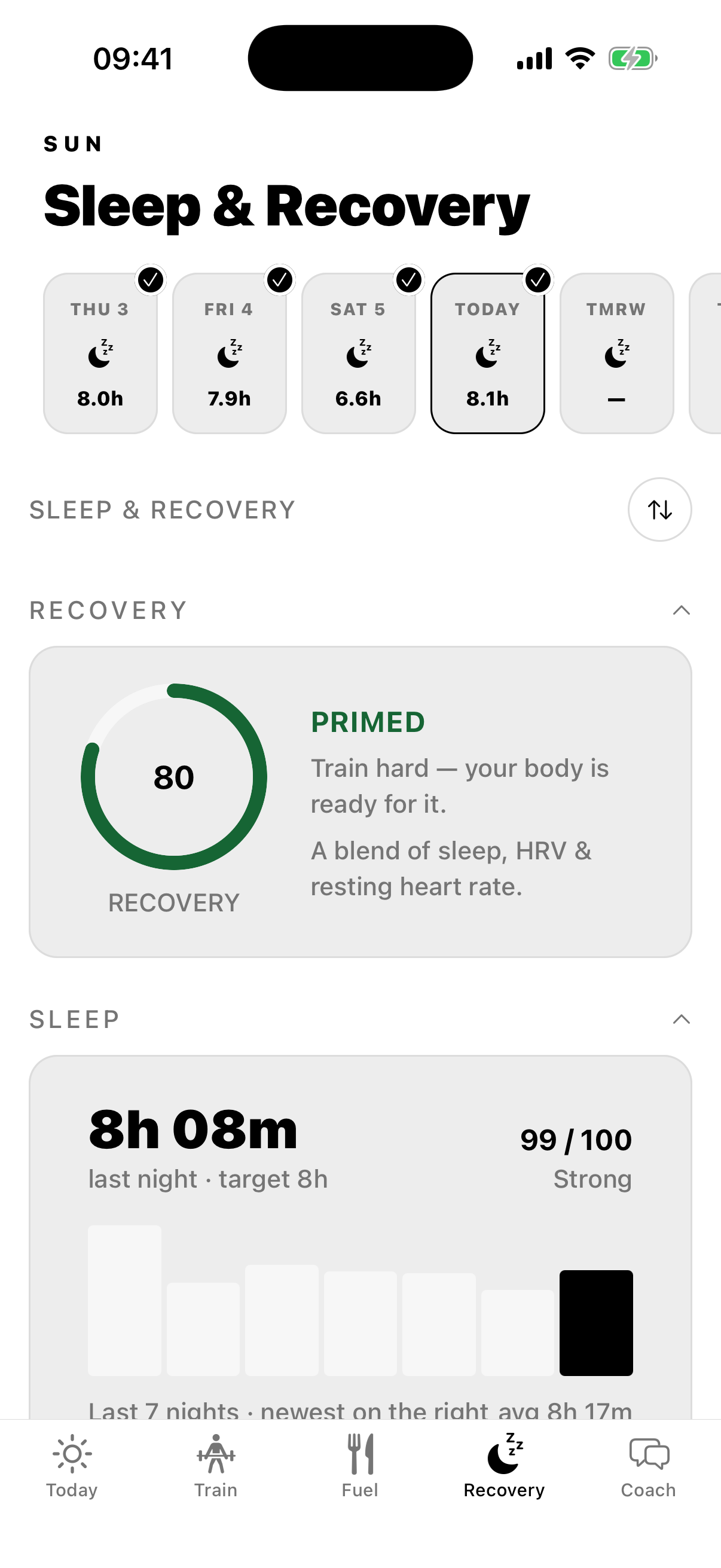 The Recovery tab: a readiness ring explained as a blend of sleep, HRV and resting heart rate, above an editable wind-down habit checklist.