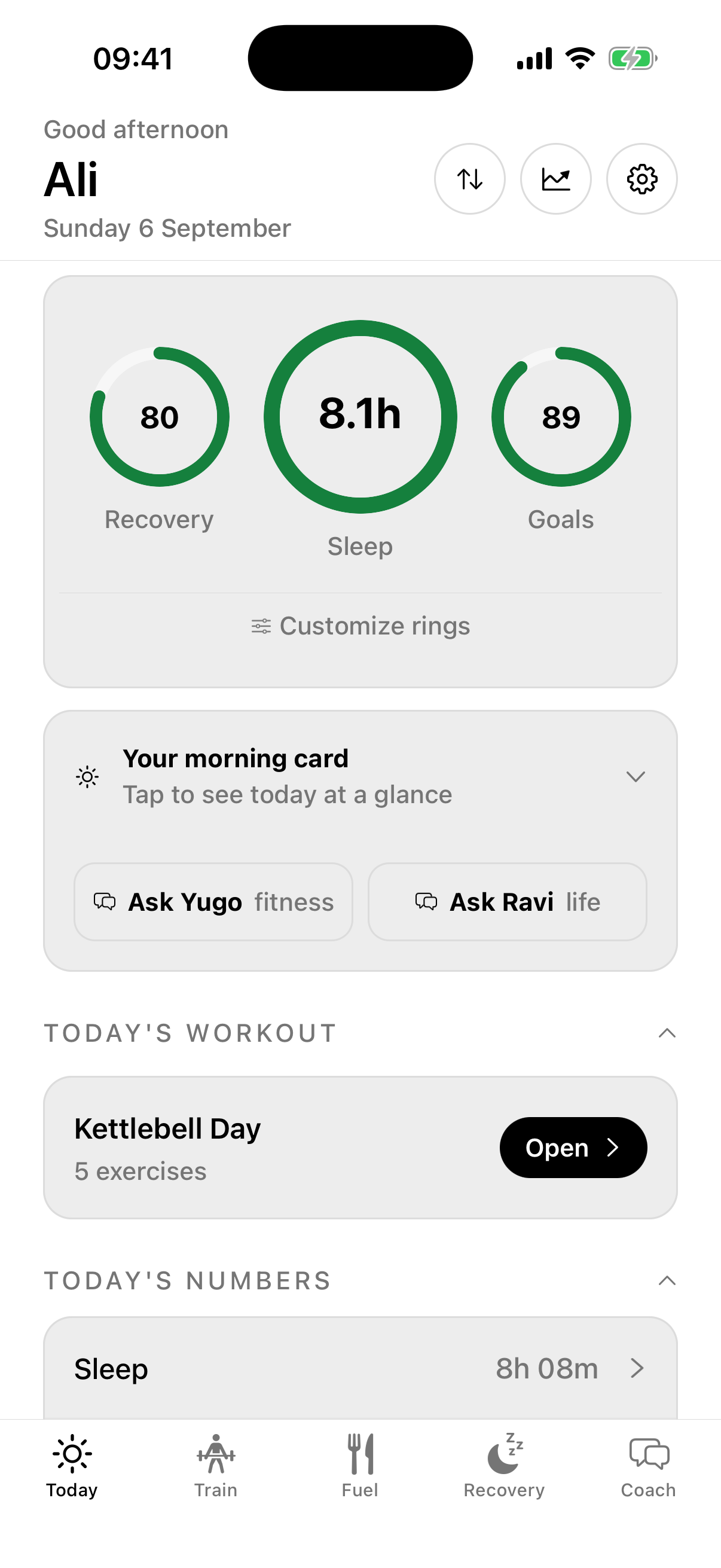 The Today tab: a good-morning greeting, recovery / sleep / goals rings, today’s workout and today’s numbers.