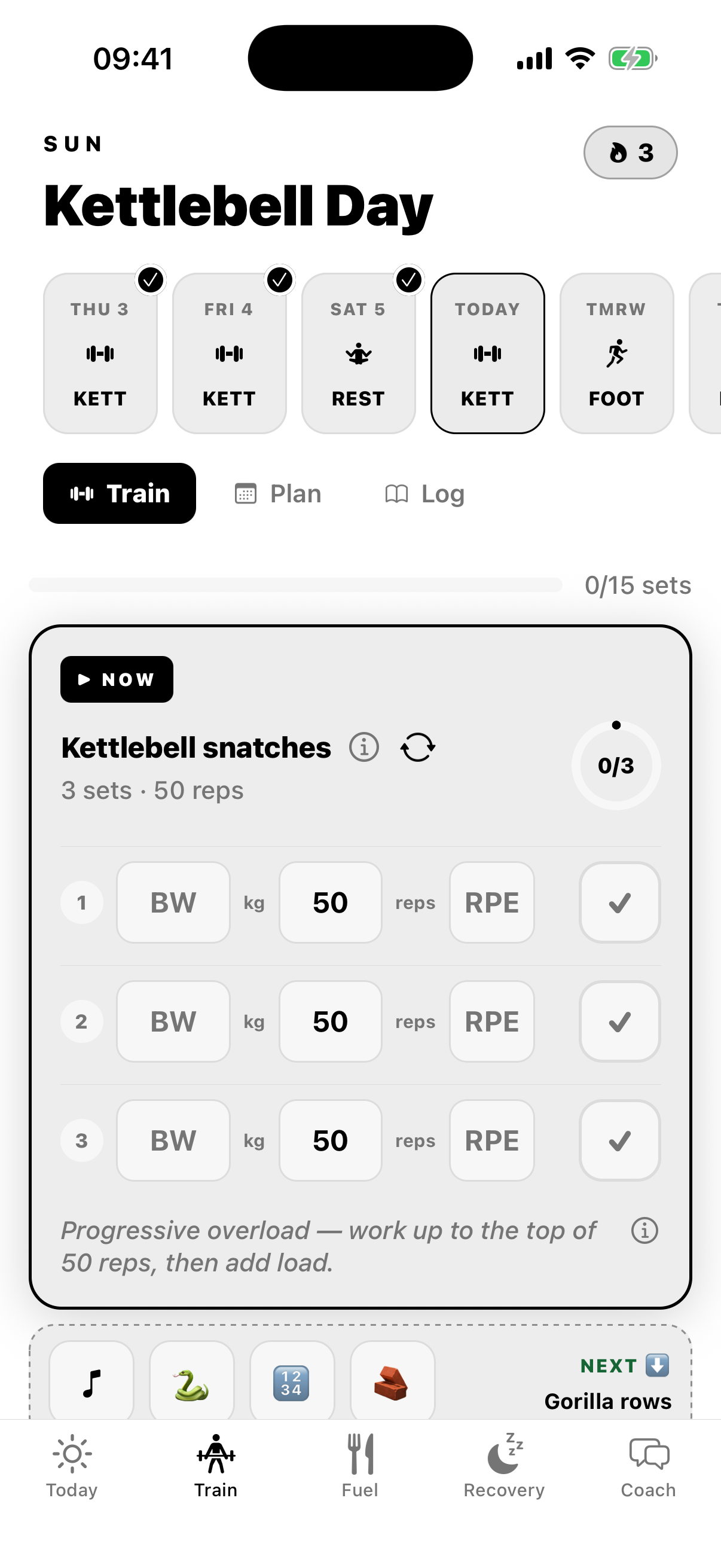 The Train tab on a lower-body day, showing set-by-set logging for Romanian Deadlift and a week strip of lift, run and rest days.